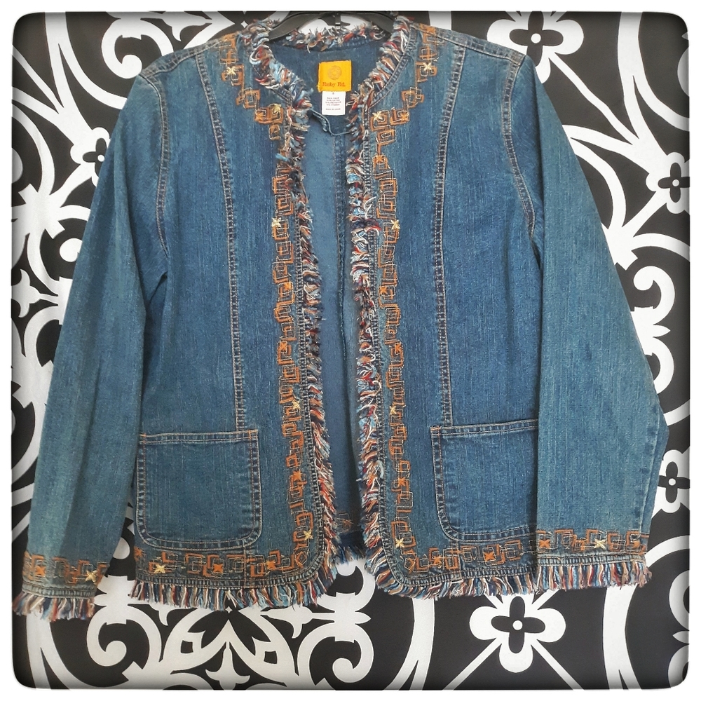 Ruby Rd Embroidered Denim Fringe Blue Jean Jacket